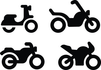 motorcycle and motorbike icon in flat set isolated on transparent background Side view of all kind of motorcycle from moped, scooter, roadster, sports, cruiser, and chopper. vector for apps, web