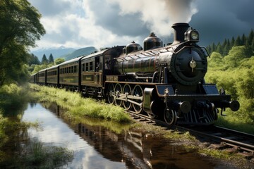 Fototapeta na wymiar Vapor locomotive crossing serene country landscape., generative IA