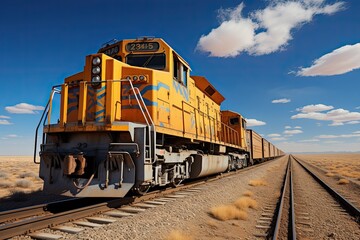 Cargo train crosses vast desert under deep sky., generative IA