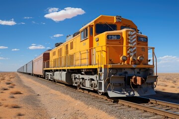 Fototapeta na wymiar Cargo train crosses vast desert under deep sky., generative IA
