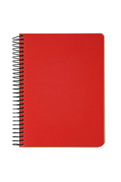 Closed spiral bound notepad with red cover isolated on white, transparent background, PNG. Top view, copy space for text, template, mockup.