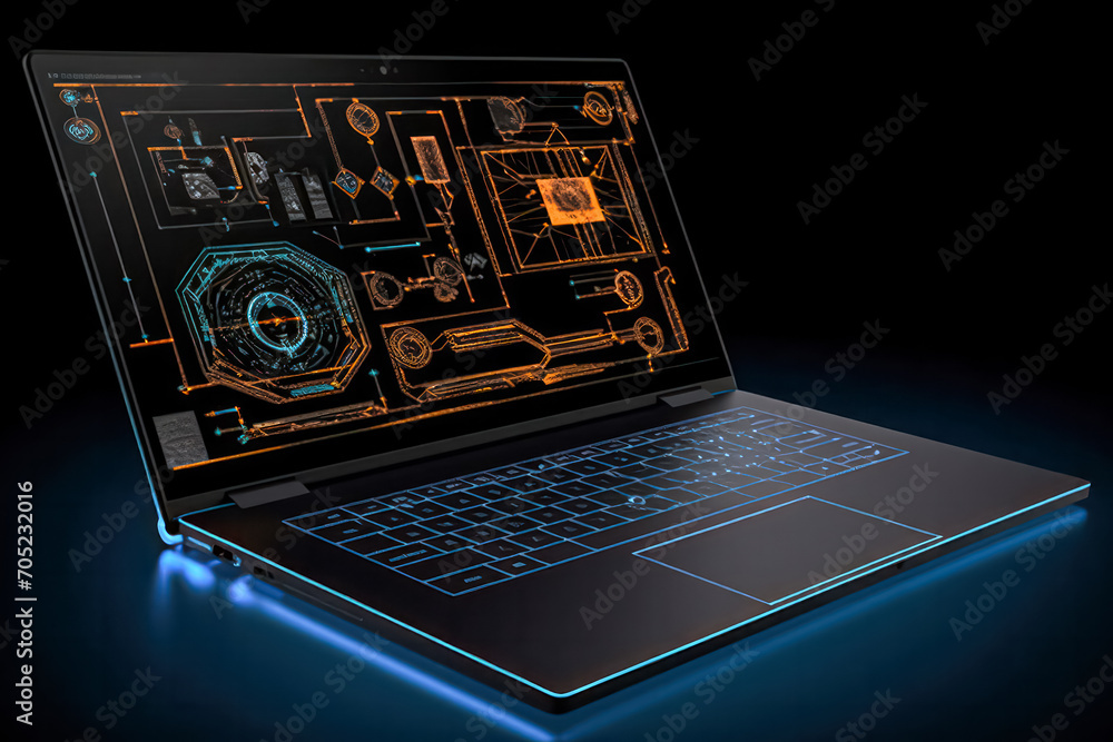 Poster laptop with developments and drawings on a dark table. a stock photo capturing the creative and dyna