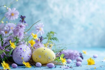 Easter colorful composition with eggs and flowers