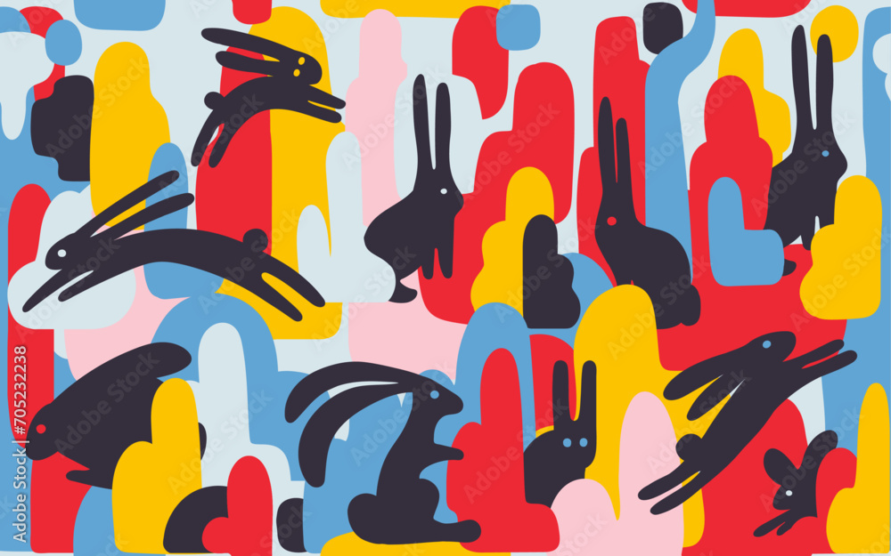 Aufkleber unreal rabbits in a bizarre forest. abstract vector illustration with animals and trees. seamless pa