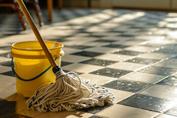 mop and a bucket on a tiled floor