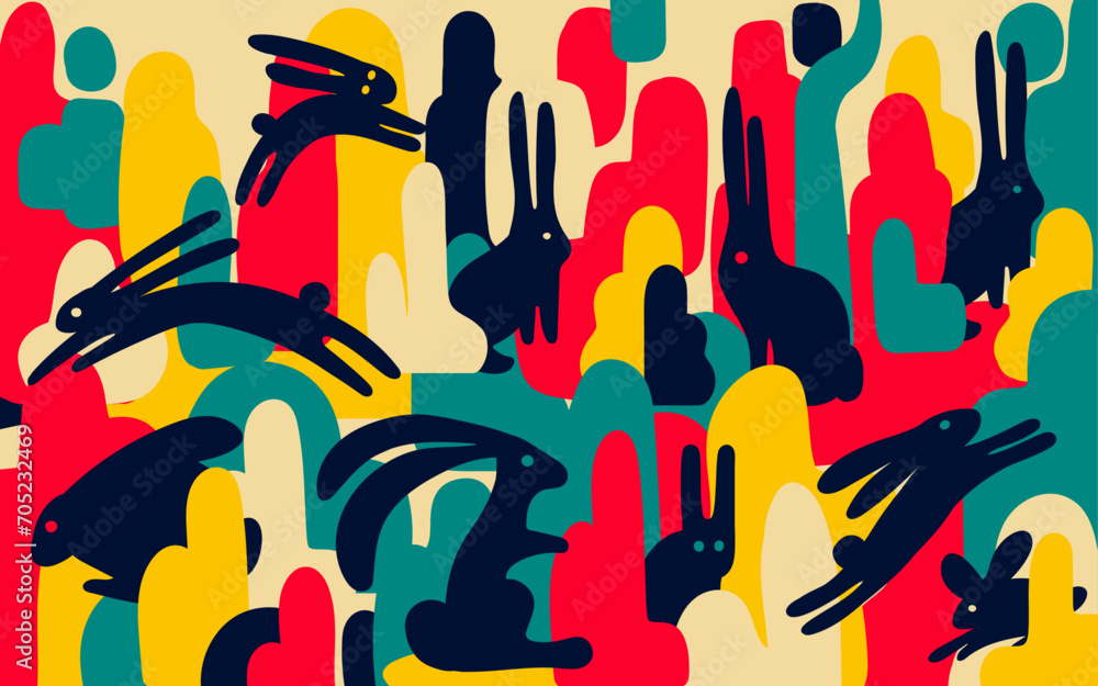 Poster simple abstract psychedelic rabbits in a bright multi-colored magical forest. contrasting trippy vec