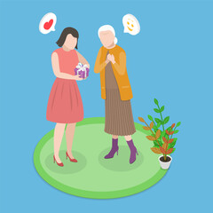 3D Isometric Flat Vector Illustration of Present To Elderly Mother, Friendly Family Relationship