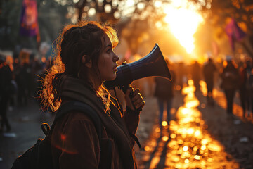 Generative AI image of a Caucasian woman with a megaphone at a feminist protest, her hair lit by the setting sun