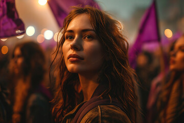 Generative AI side view image of a young Caucasian woman amid crowd at a feminist rally, with purple flags highlighting the collective call for women's empowerment and equality