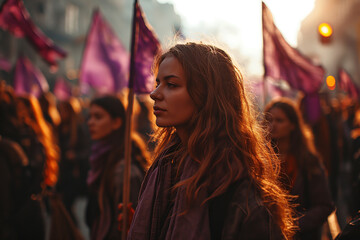 Generative AI side view image of a thoughtful young Caucasian woman at a feminist protest, amidst the call for equality and social change