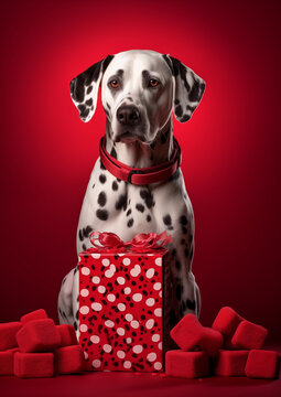 A Dalmatian dog with a red collar sits beside a polka-dotted gift box, against a vibrant red background.
