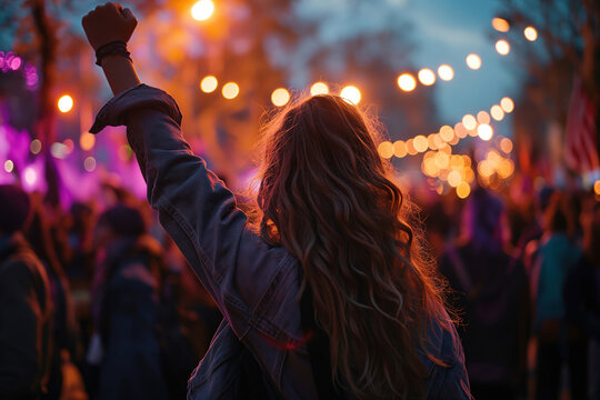 Generative AI back view image of unrecognizable woman with long curly hair raising her fist at a feminist protest during dusk among crowd