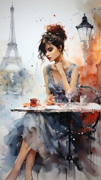 Brunette woman in blue dress sitting at a cafe table in Paris