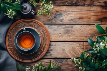 Organic tea on a wooden table with foliage and copy space