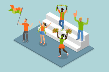 3D Isometric Flat Vector Illustration of Cheerful Soccer Fans, Sport Game Supporters