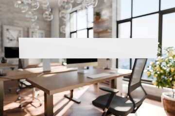 transparent text box in front of modern minimalistic pc workspace in luxurious loft office and panoramic view; remote work home office concept; bright daylight; 3D rendering