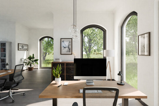 luxurious loft apartment with floor-to-ceiling windows and panoramic view; modern minimalistic interior design of workspace home office area; bright daylight; 3D rendering