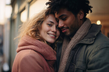 Generative AI image of a multiracial couple, a Caucasian woman and a Black man, sharing a tender moment on a city street