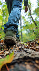 Close-up of Green Hiking Shoes and Rolled-up Blue Jeans Walking Away on a Log in the Woods, Emphasizing the Spirit of Adventure and Exploration.
