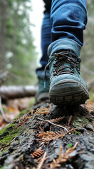 Step by Step: Close-up of Green Hiking Shoes and Rolled-up Blue Jeans Walking Towards the Camera, Symbolizing the Journey of Exploration and Adventure
