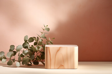 Wooden cube podium with eucaliptus leaves at beige background. Scene stage showcase front view with copy space