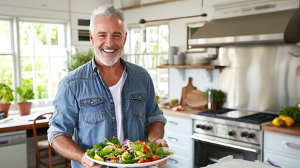 A middle-aged man radiates joy as he holds a plate of vibrant, fresh salad. His smile speaks of his commitment to healthy eating