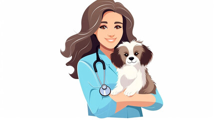 A vet clinic worker, animal doctor with stethoscope and puppy. World Veterinary Day. Isolated on white vector illustration in flat style. Veterinary trying to cure a sick dog. Medical healthcare for p