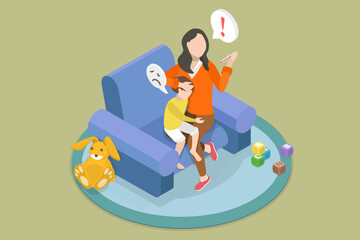 3D Isometric Flat Vector Illustration of Child with Fever, A Mom Takes Care of her Kid