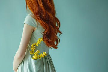 A woman with long red hair wearing a green dress created with generative AI technology