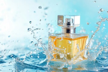 Perfume bottle in splashes of water