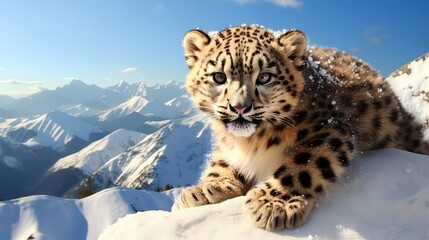 A baby snow leopard sitting in the snow with a mountain in the background