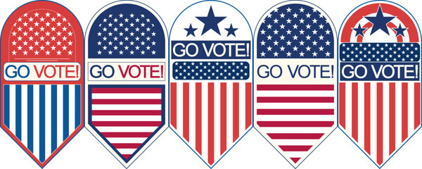 Go VOTE US pin button icon sticker set, Presidential Election, midterm, House or Senate elections,. American Election campaign style, Electoral symbols, United States of America USA Flag. - obrazy, fototapety, plakaty