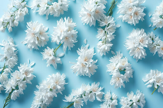 A bunch of white flowers on a blue background created with generative AI technology