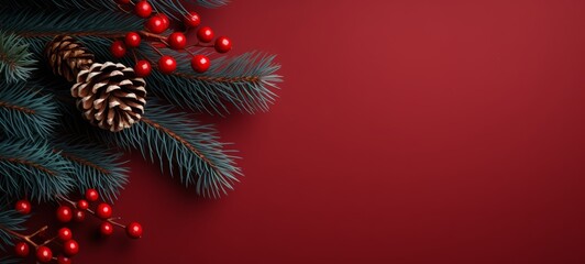 Christmas red and white mockup: presents and Christmas tree branches minimalism photo texture. Horizontal banking background for web. Photo AI Generated