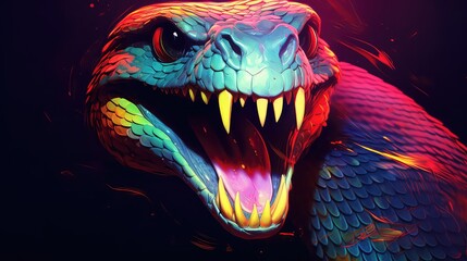 snake head with sharp teeth in neon light. - obrazy, fototapety, plakaty