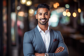 Business portrait of an Indian businessman in a refined suit. A stock photo embodying professionalism and cultural sophistication