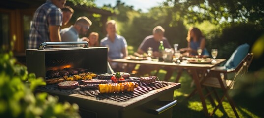 Diverse group of friends having a barbecue in a backyard - obrazy, fototapety, plakaty