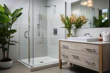 Modern bathroom with glass shower and large vanity - obrazy, fototapety, plakaty