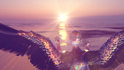 3d illustration of a translucent angel at dawn spread his wings for flight - obrazy, fototapety, plakaty