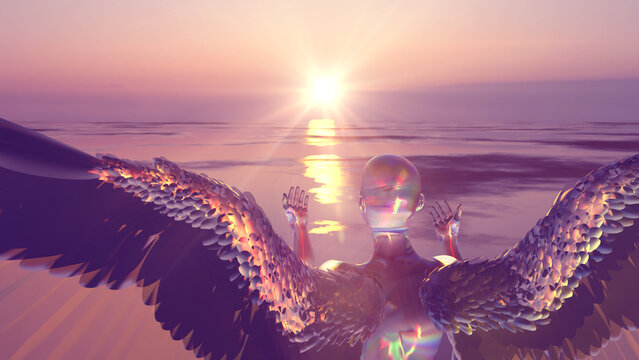 3d illustration of a translucent angel at dawn spread his wings for flight