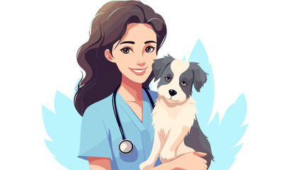 A vet clinic worker, animal doctor with stethoscope and puppy. World Veterinary Day. Isolated on white vector illustration in flat style. Veterinary trying to cure a sick dog. Medical healthcare for p