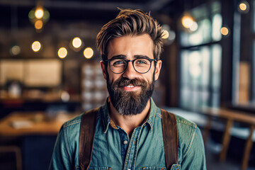 Fototapeta premium Man with glasses, beard, and business suit in a compelling business portrait. A stock photo exuding professionalism and confidence.