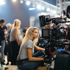Blonde woman using a professional video camera