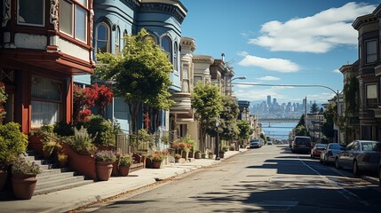 A steep street with colorful Victorian style houses in San Francisco - obrazy, fototapety, plakaty