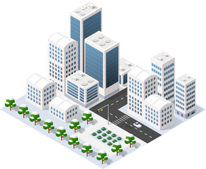 Winter isometric city with streets, skyscrapers, houses and transport