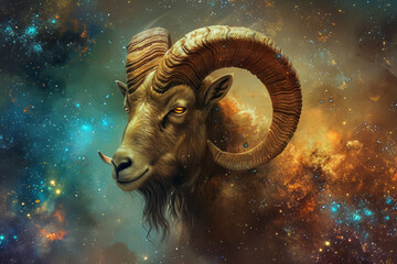 Aries zodiac sign against space nebula background. Astrology calendar. Esoteric horoscope and fortune telling concept.
