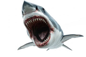 Shark with open jaws isolated on transparent background. Aggressive marine predator