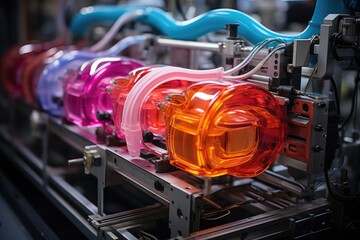 Injection molding: Colorful plastics flow in automated industrial factory., generative IA - obrazy, fototapety, plakaty