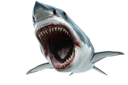 Shark with open jaws isolated on transparent background. Aggressive marine predator