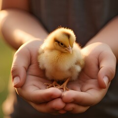 Kid girl holds newborn yellow chick , spring time photo . AI generation